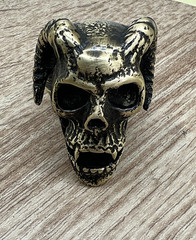 Large Rocker Bronze Ring with Skull and Horns Antique Ancient Rare
