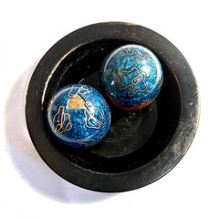 Black Decorative Bowl Dish with 2 Blue Red Cloisonne Style Balls Asian Decor