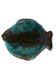 Vintage 😊 Redware Pottery Unbranded Fish Trinket Dish Brown & Aqua Glaze