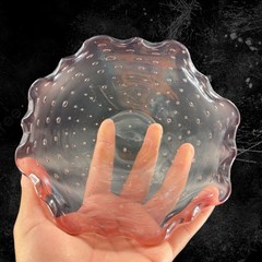 Hand Blown Art Glass Dish Bowl Ruffled Edges Purple Amethyst Glass Bullicante