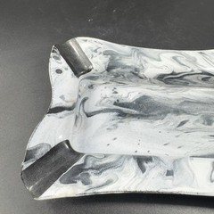 Vintage Enameled Metal Marbled Gray White Black Ashtray Dish Bowl Decorative
