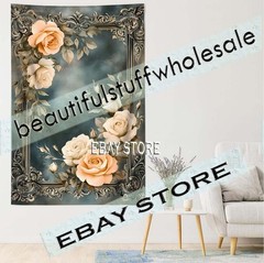 Scene Gothic Wall Tapestry Elegant Roses ornate border framing 59X82 in
