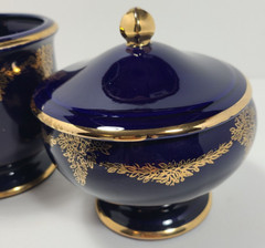 Enesco Japan Imports Cobalt Blue Gold Lidded Dish and Vase Set, Vintage