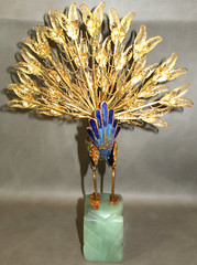 VINTAGE Cloisonne Enamel Peacock Gold Filigree Sculpture Carved Green Stone Base