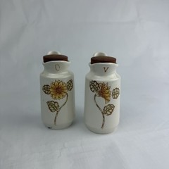 Vintage Vinegar and Oil Ceramic Bottles W/ Cork Stoppers, Japan with sunflowers
