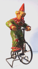 Vintage CLOWN ON BIG WHEEL Bicycle + display stand 16″ tall unbranded