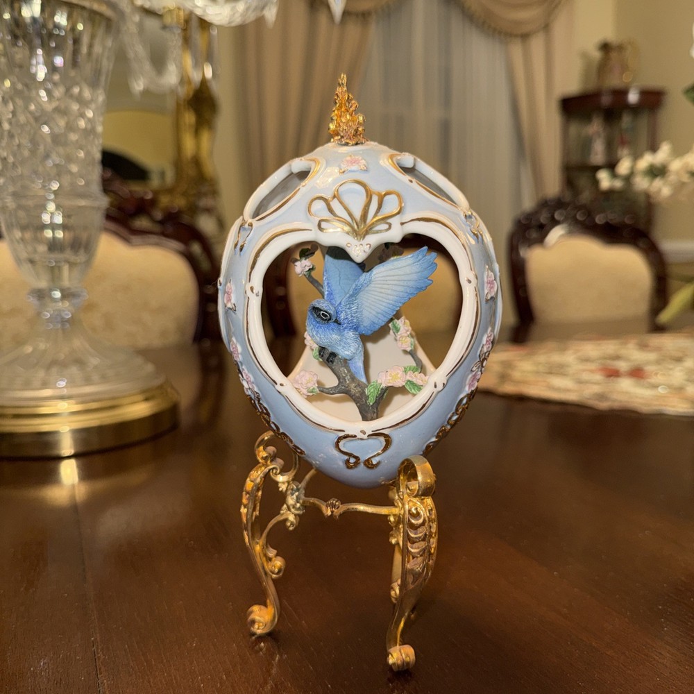 FABERGE Blue Bird Sparrow Three Dimensional Silhouette Egg GOLD STAND Porcelain