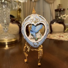 FABERGE Blue Bird Sparrow Three Dimensional Silhouette Egg GOLD STAND Porcelain