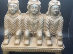 Rare Bactrian Sandstone Sculpture – Seated Trio – Ancient Central Asian Artifact