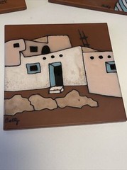 Lot 3 Art Pottery 6″ Tiles Hand Painted Signed Southwestern Design Trivets