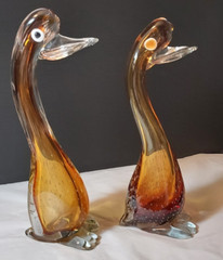 Unique Pair of Murano Hand Blown Swans/Ducks in Amber Tones and Bubbled Design