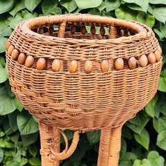 Vintage Wicker Plant Stand With Basket Top Lower Shelf Bead Accents 27″ MCM Boho