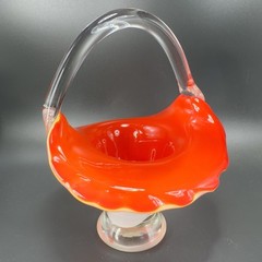 Vintage 1980s Venetian Art Glass Basket Bowl With Handle Red White Art Glass VTG