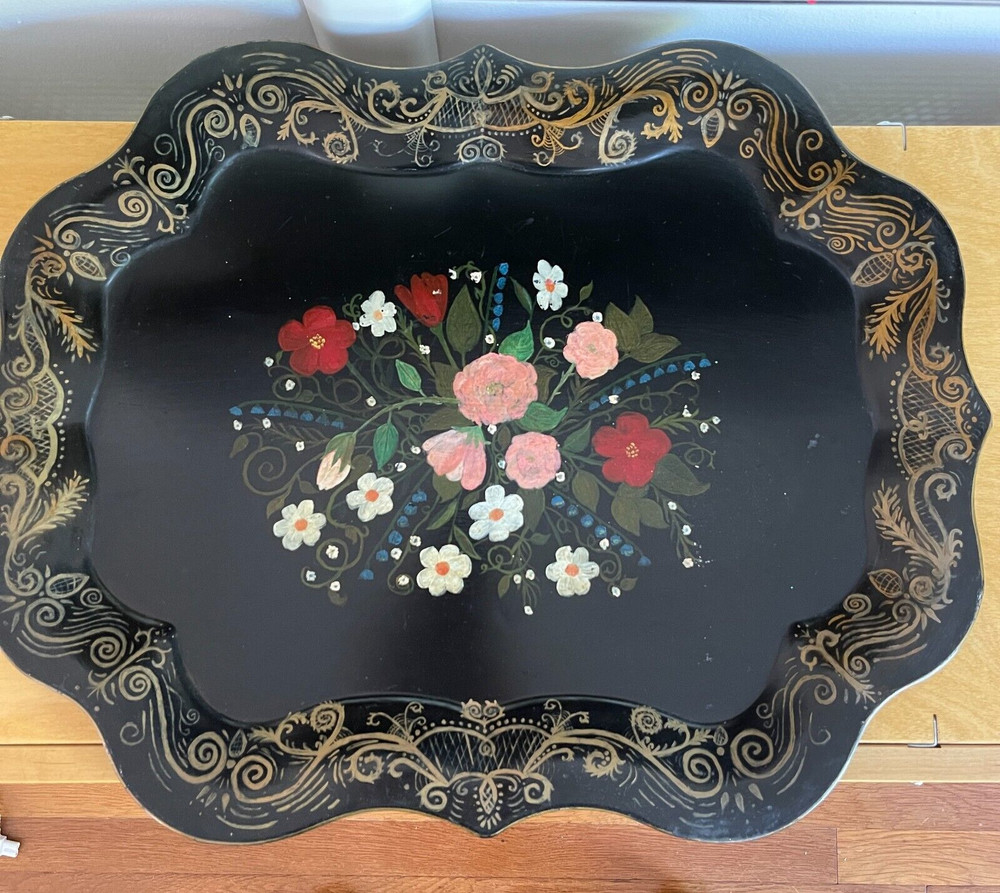 VTG Black Tole Toleware Painted Tray Scalloped Floral Cottage Goth Boho 20″x25″