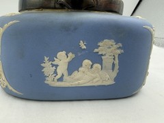 Rare Wedgwood Blue Jasperware Biscuit Barrel Square Metal Lid England 5 3/4” Sq