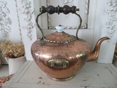 Old Copper TILTING TEA KETTLE on Ornate BRASS STAND White Porcelain Handles
