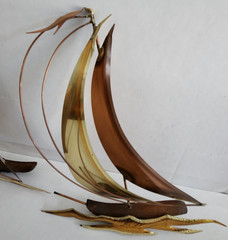 2 Unique Mid-Century Brass, Copper & Wood 8″ & 10.5″ Sailboat Wall Hangings