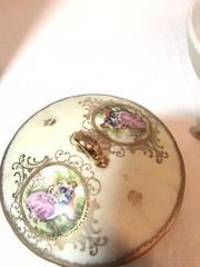 Vintage Lefton China Gold Green Victorian Couple Lidded Dish Footed 1616 6″ X 4″