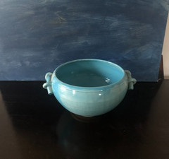 10″ Porcelain Asian Hand Painted Turquoise Display Bowl Signed by Yo