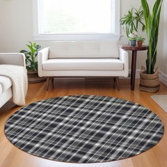 8′ Black Gray And White Round Plaid Washable Rug