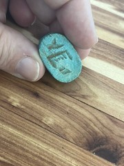 Medium Vintage Antique Egyptian Carved Faience Scarab blue Beetle Focal Bead