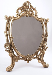 Art Nouveau Floral 14″ Metal Easel Back Table Mirror Signed