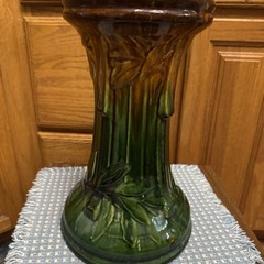 Majolica Pedestal Ceramic Plant Stand Art Nouveau Green Brown 13.25x7x8.75”