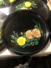 Vintage Floral Roses Tole Ware Round Trays Plates Decor Set 12” Dia