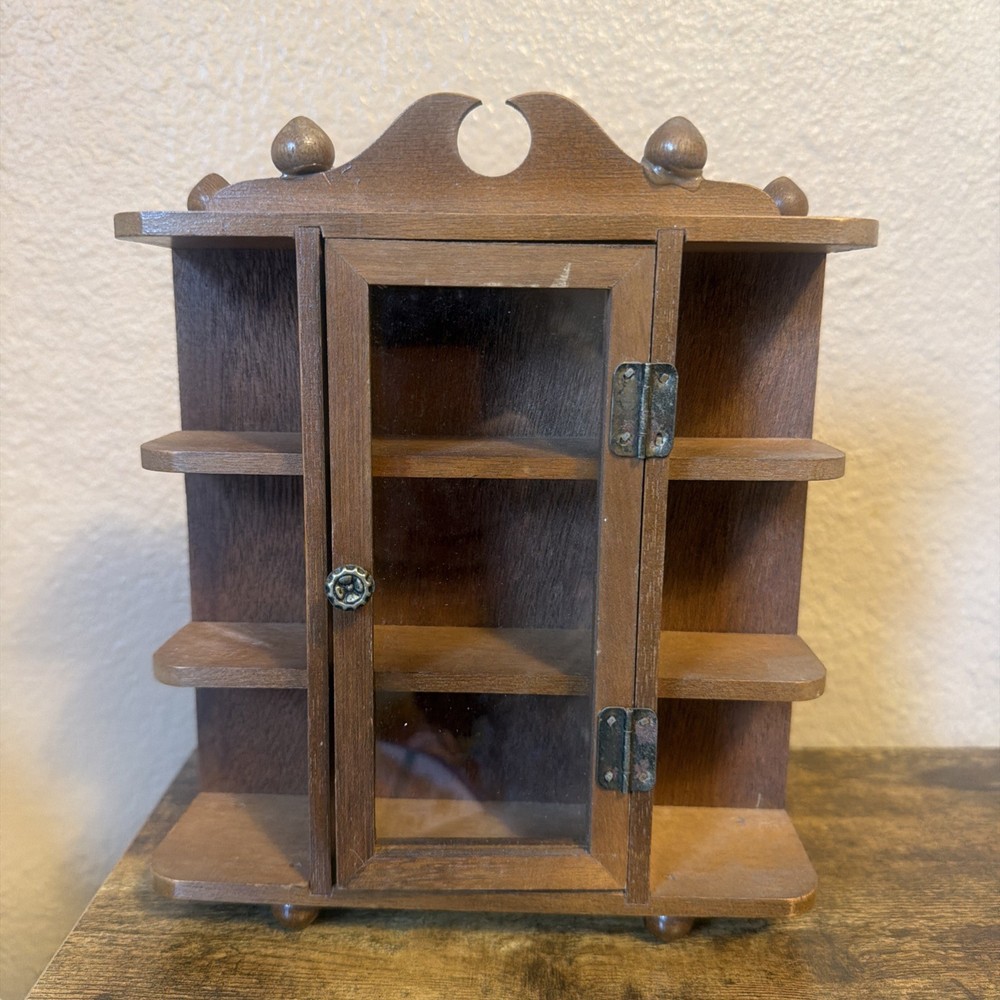 VTG Miniture Wood And Glass Footed Curio Cabinet with 3 Shelf MCM Trinkets *Flaw