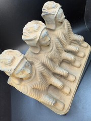 Rare Bactrian Sandstone Sculpture – Seated Trio – Ancient Central Asian Artifact