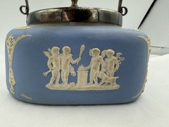 Rare Wedgwood Blue Jasperware Biscuit Barrel Square Metal Lid England 5 3/4” Sq