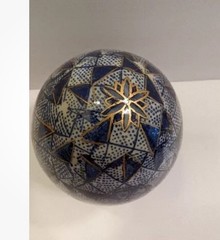 VTG Hand Painted Cloisonne Egg Blue Gold White Floral Geometric Design Easter