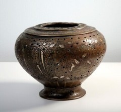 CIRCA NEAR EASTERN PERSIAN BRONZE VASE WITH CALLIGRAPHY AND INLAY 