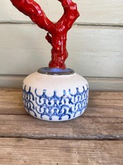 Faux Red Coral Specimen in Blue & White Floral Small Vase in Chinoiserie Style