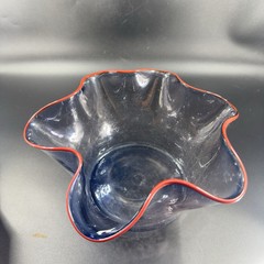 Boatman Studio Art Glass Hand Blown Bowl Dish Crackle Blue Glass Red Edges VTG