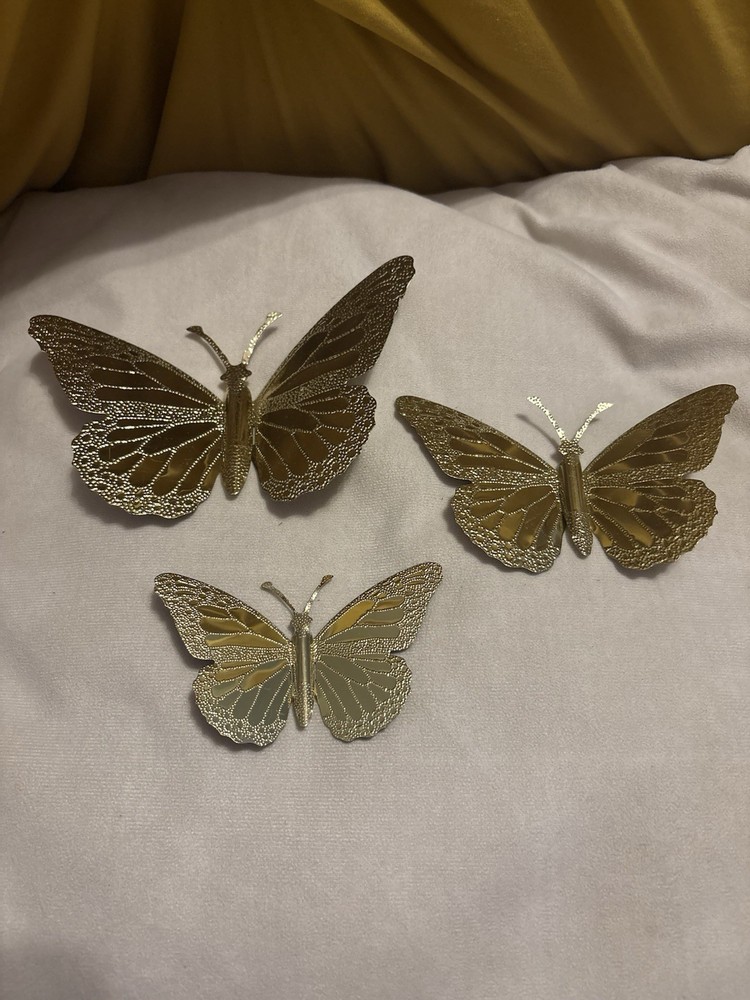 Set Of 3 Home Interior Gold Metal Butterflies Gallery Wall Accent Art Decor