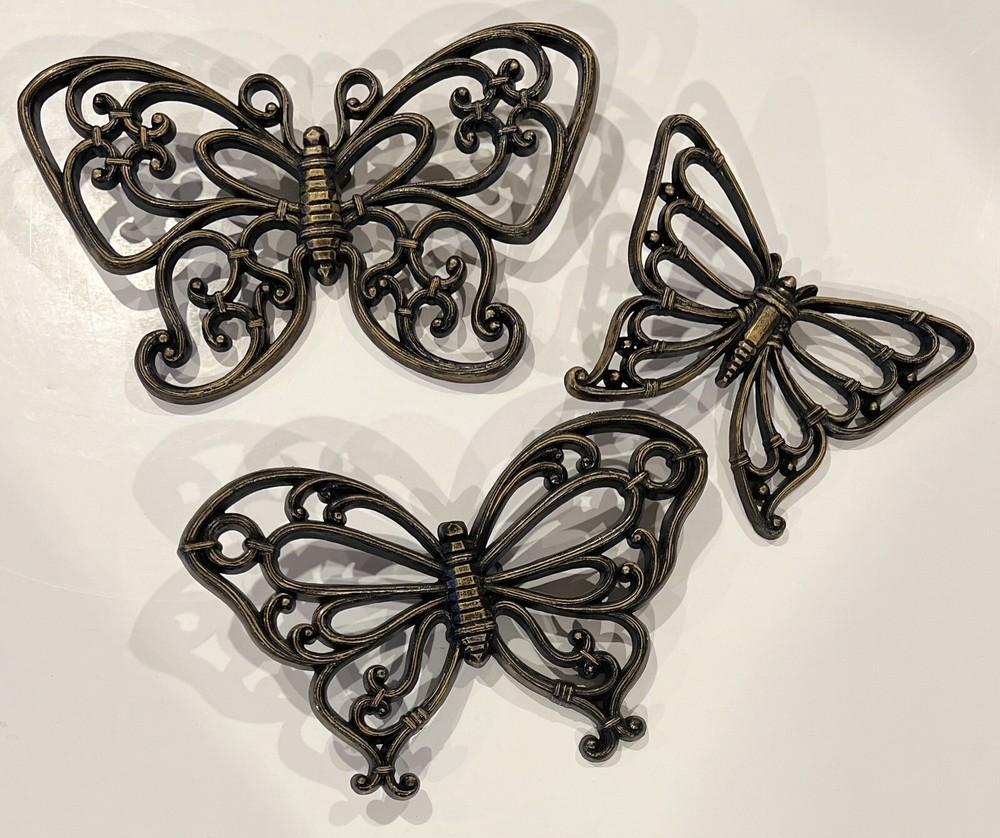 Vintage Homco/ Dart Butterfly Faux Rattan Wall Decor Set of 3, Made In USA