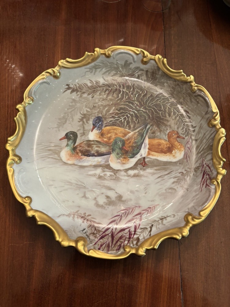 A Broossillon C et J Limoges 13” Plate 4 Ducks Hand Painted Victorian Edwardian