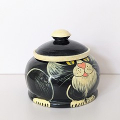 Vintage Hand Painted Wood Black Tuxedo Cat Trinket Box Dish w/Lid Folk Art Haiti