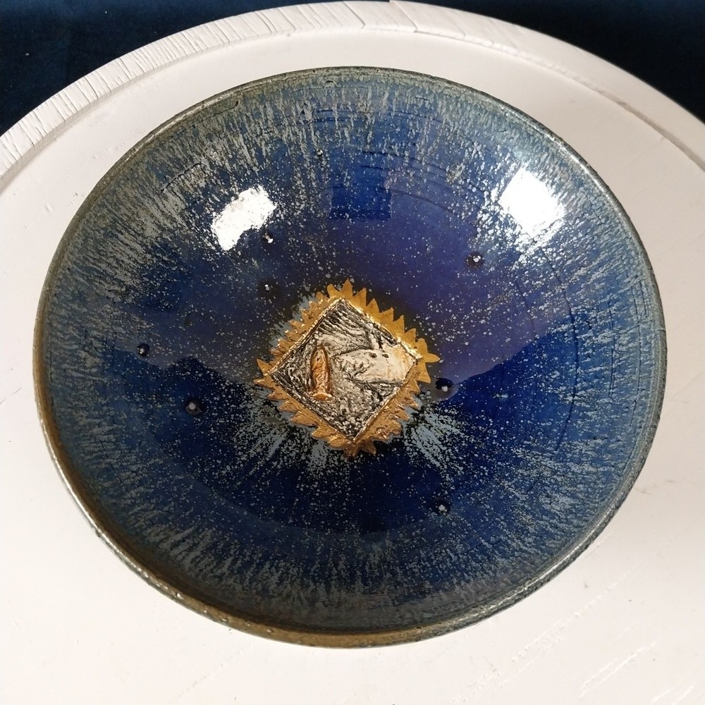 Studio Art Pottery Trinket Bowl Shark Chasing Fish Signed 6.75″