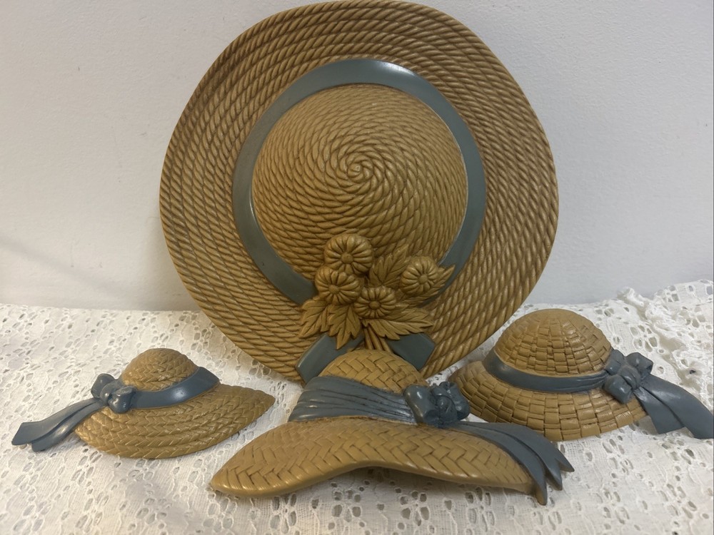 Vintage Home Interiors Burwood Blue Ribbon Bonnet Straw Hats Wall Decor Lot Of 4