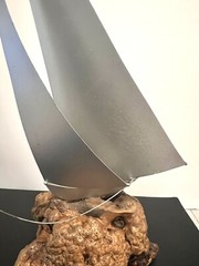 DEMOTT signed Tall Silver Metal Sail Boat Sculpture on Driftwood Base Vintage
