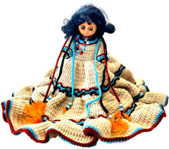 Vtg Fibre Craft Materials Doll w/ Traditional Folk Crochet w/ Beads Dress 1988