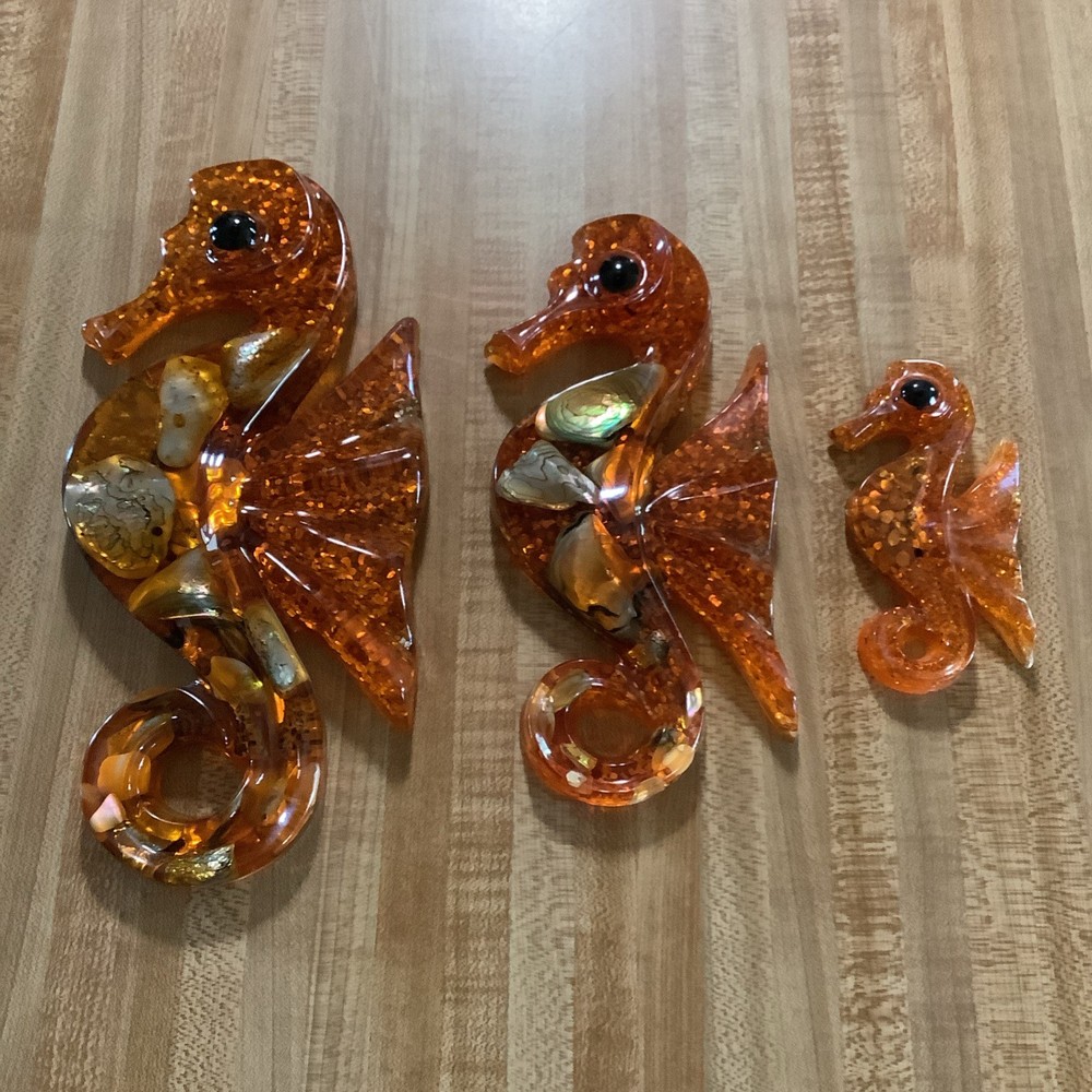 Vtg 1960s Shellart Orange Seahorse Acrylic Lucite Abalone MCM Wall Plaques Set 3