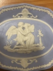 Vintage Blue Jasperware Trinket Dishes Neoclassical Cherub Cameo Trays Pair