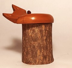 MCM FOX vtg cabin wood carved toothpick holder sculpture natural tree log art
