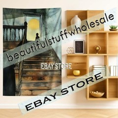 Gothic Wall Tapestry Lonely Stairwell eerie dim golden lighting 59X82 in