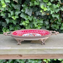 9″ Wong Lee Porcelain Oval Dish Hand Paint Brass Handles Floral Birds Modern