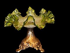 RARE Antique 1860 Craquelle Overshot Art Nouveau Green Bowl On Metal Base