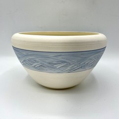 Signed Pottery Bowl Cream Stoneware w/ Blue Slip Woven Band In Coastal Style
